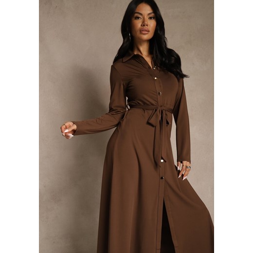 Brązowa Długa Sukienka Koszulowa z Wiązaniem w Talii Levae Renee XL renee.pl