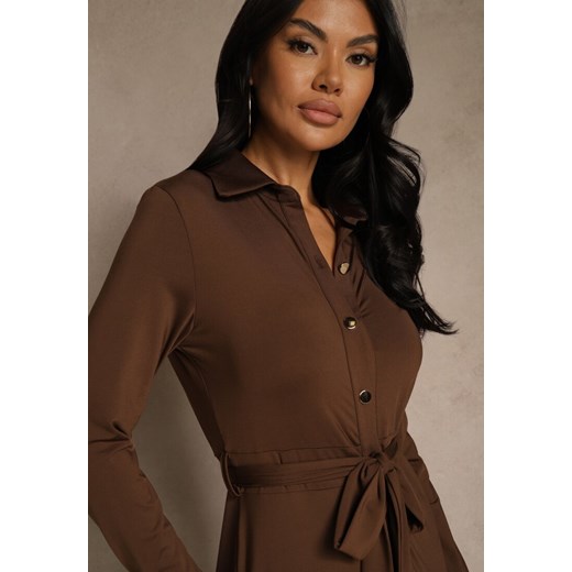 Brązowa Długa Sukienka Koszulowa z Wiązaniem w Talii Levae Renee L renee.pl