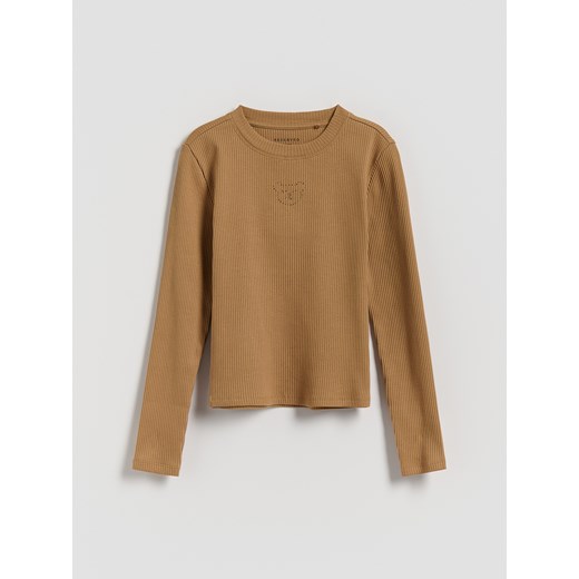 Reserved - Prążkowana bluzka z aplikacją - beżowy ze sklepu Reserved w kategorii Bluzki dziewczęce - zdjęcie 187472648