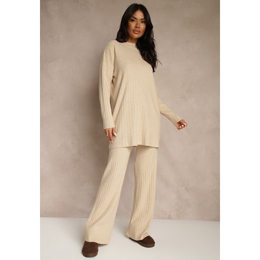 Beżowy Komplet Prążkowany z Bawełną Sweter Oversize i Szerokie Spodnie Wedorena ze sklepu renee.pl w kategorii Komplety i garnitury damskie - zdjęcie 187473229