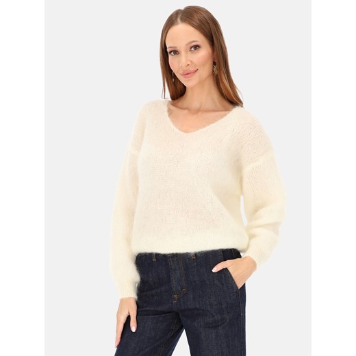 Miękki biały sweter z dekoltem w serek z moherem L'AF Della ze sklepu Eye For Fashion w kategorii Swetry damskie - zdjęcie 187478126