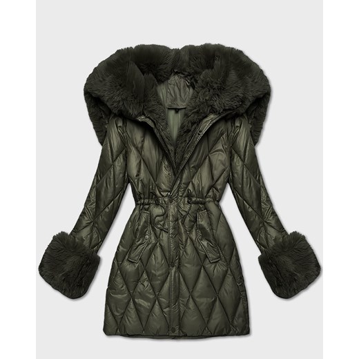 Kurtka z futrzanym kapturem tworzącym kołnierz khaki (T3-2635#-22) ze sklepu goodlookin.pl w kategorii Kurtki damskie - zdjęcie 187483615