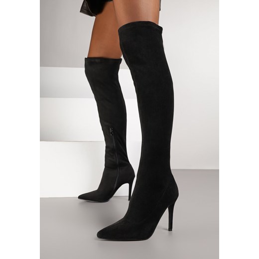 Czarne Marszczone Kozaki Vices z Imitacji Zamszu na Szpilce z Noskiem w Szpic Caldissa ze sklepu born2be.pl w kategorii Kozaki damskie - zdjęcie 187484426