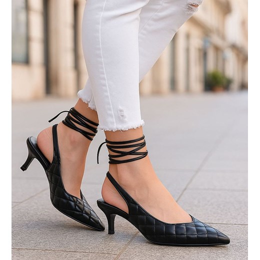 Pikowane czarne buty wiązane na szpilce /G7-2 12204 T197/ ze sklepu Pantofelek24.pl w kategorii Czółenka - zdjęcie 187484988