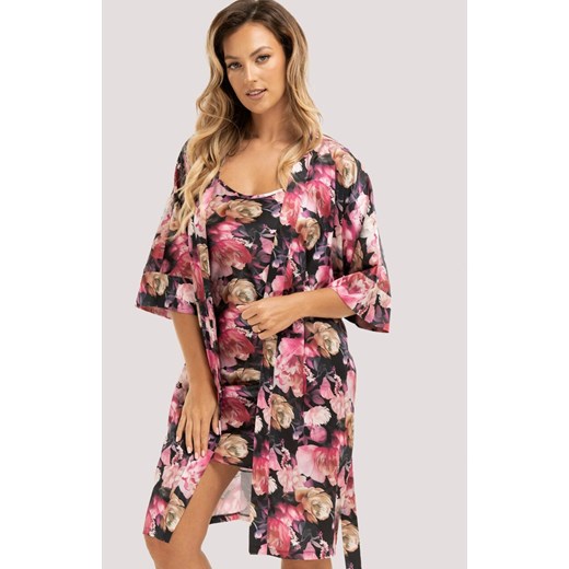 Unikat szlafrok damski w kwiatowy wzór Telma, Kolor czarno-różowy, Rozmiar S, Unikat ze sklepu Intymna w kategorii Szlafroki damskie - zdjęcie 187485786