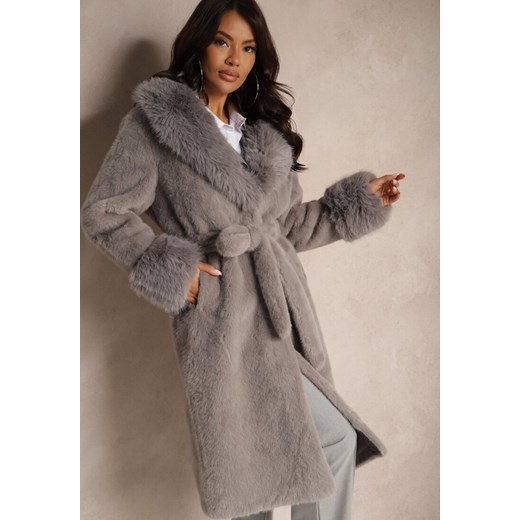 Szary Futrzany Płaszcz z Wiązanym Paskiem Ozdobnym Kołnierzem i Mankietami Viaressa ze sklepu renee.pl w kategorii Futra damskie - zdjęcie 187486017