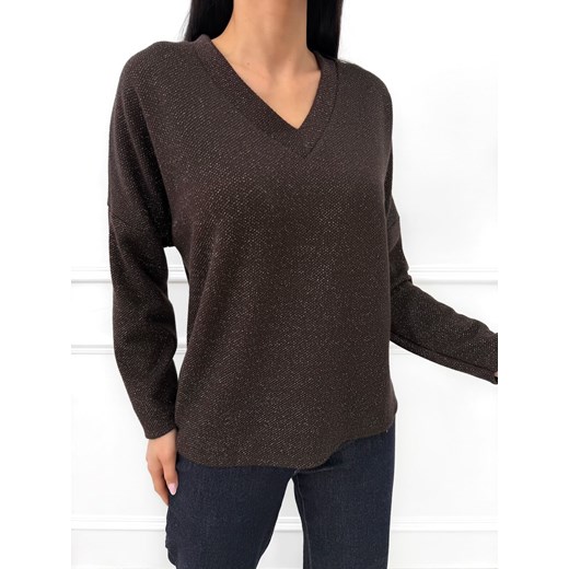 Czekoladowa Sweterkowa Bluzka z Połyskującą Nitką ze sklepu ModnaKiecka.pl w kategorii Swetry damskie - zdjęcie 187486288