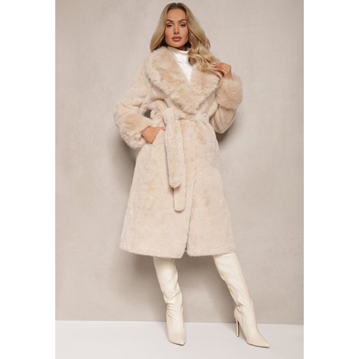 Beżowy Futrzany Płaszcz z Wiązanym Paskiem Ozdobnym Kołnierzem i Mankietami Viaressa ze sklepu renee.pl w kategorii Futra damskie - zdjęcie 187486346