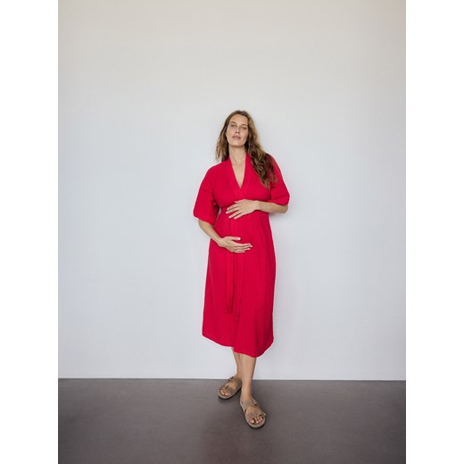 Reserved - Sukienka midi z bawełnianego muślinu - czerwony Reserved XS Reserved okazja