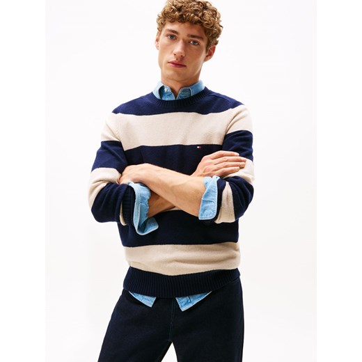 Tommy Hilfiger Męski wełniany sweter Mężczyźni Wełna granatowy w paski ze sklepu vangraaf w kategorii Swetry męskie - zdjęcie 187491706
