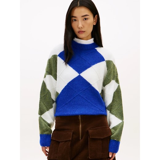 Tommy Hilfiger Sweter damski z dzianiny z alpaki Kobiety błękit królewski w kratkę ze sklepu vangraaf w kategorii Swetry damskie - zdjęcie 187491747