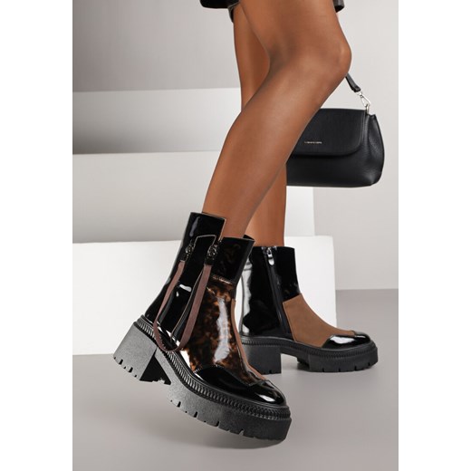 Brązowe Lakierowane Botki Vices z Ozdobną Tasiemką Rivavie ze sklepu born2be.pl w kategorii Botki - zdjęcie 187492758