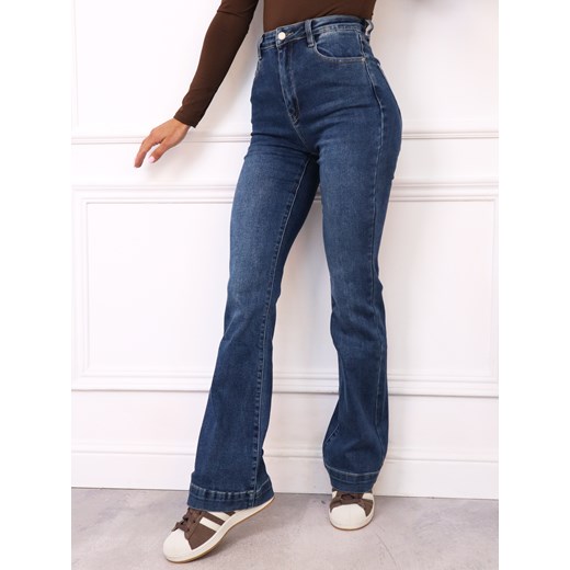 SPODNIE JEANSOWE DZWONY FLARE Z WYSOKIM STANEM- GRANATOWE ze sklepu olika.com.pl w kategorii Jeansy damskie - zdjęcie 187495489