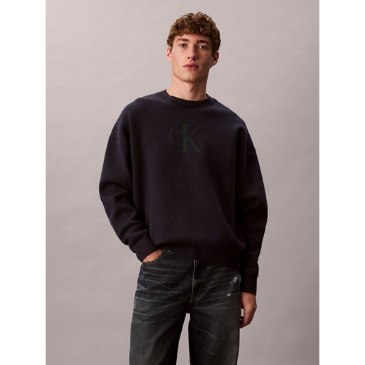 Calvin Klein Jeans Męski sweter z dzianiny Mężczyźni granatowy jednolity ze sklepu vangraaf w kategorii Swetry męskie - zdjęcie 187496428