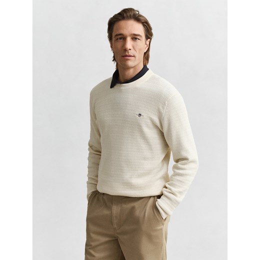 Gant Męski sweter z dzianiny Mężczyźni Bawełna écru wypukły wzór tkaniny ze sklepu vangraaf w kategorii Swetry męskie - zdjęcie 187496435