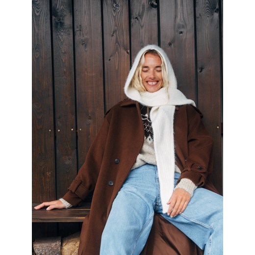 Reserved - Wełniany płaszcz z szalem - brązowy ze sklepu Reserved w kategorii Płaszcze damskie - zdjęcie 187498976