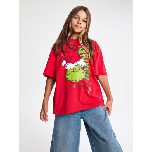 Sinsay - Bawełniana koszulka z nadrukiem Grinch - czerwony ze sklepu Sinsay w kategorii Bluzki dziewczęce - zdjęcie 187500458