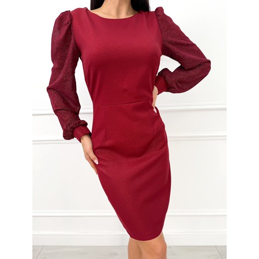 Bordowa Połyskująca Sukienka z Ozdobnymi Rękawami ze sklepu ModnaKiecka.pl w kategorii Sukienki - zdjęcie 187500999