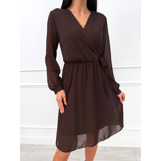 Czekoladowa Szyfonowa Sukienka z Kopertowym Dekoltem ze sklepu ModnaKiecka.pl w kategorii Sukienki - zdjęcie 187501018