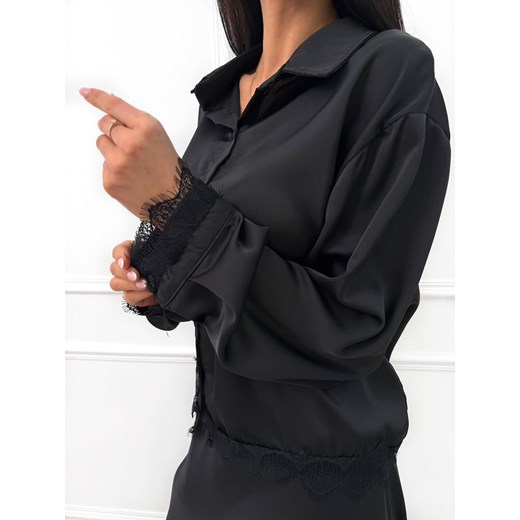 Czarna Satynowa Koszula z Koronką Modnakiecka.pl 42 ModnaKiecka.pl