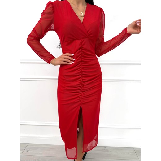 Czerwona Sukienka z Marszczeniem ze sklepu ModnaKiecka.pl w kategorii Sukienki - zdjęcie 187503317