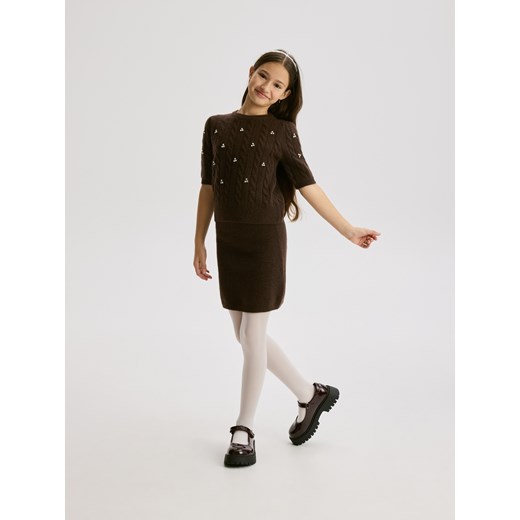 Reserved - Dzianinowa spódnica z domieszką wełny - brązowy ze sklepu Reserved w kategorii Spódnice dziewczęce - zdjęcie 187507647