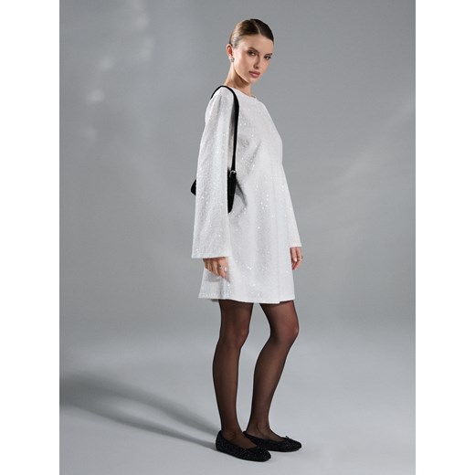 Sinsay - Sukienka bombka z ozdobnymi cekinami - kremowy Sinsay L Sinsay