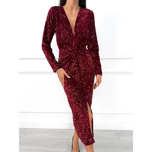 Bordowa Cekinowa Sukienka z Rozporkiem Modnakiecka.pl 40 ModnaKiecka.pl