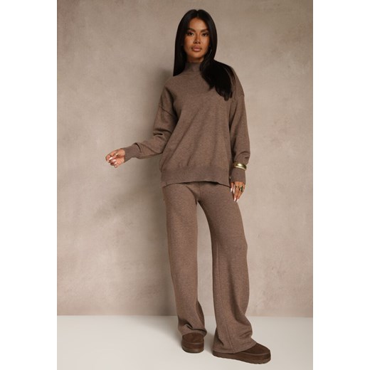 Brązowy Komplet Dzianinowy z Wełną i Bawełną Sweter Golf i Szerokie Spodnie  Reipella ze sklepu renee.pl w kategorii Komplety i garnitury damskie - zdjęcie 187510826
