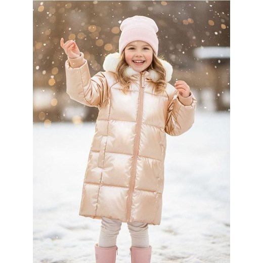 Sinsay - Pikowany płaszcz z kapturem ze sztucznym futerkiem - złoty ze sklepu Sinsay w kategorii Płaszcze dziewczęce - zdjęcie 187513668