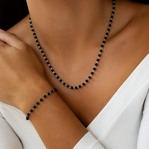 Komplet damski srebrne wykończenie czarne koraliki naszyjnik i bransoletka ze sklepu otien.com w kategorii Naszyjniki - zdjęcie 187517946
