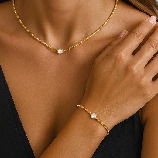 Elegancki damski komplet złoty z kryształkiem stal szlachetna ze sklepu otien.com w kategorii Komplety biżuterii - zdjęcie 187517948