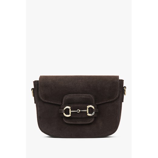 Estro: Ciemnobrązowa torebka damska na ramię typu podkowa z włoskiego weluru naturalnego Premium ze sklepu Estro w kategorii Listonoszki - zdjęcie 187518629