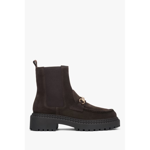 Estro: Ciemnobrązowe sztyblety damskie z włoskiego weluru naturalnego Premium ze złotą sprzączką ze sklepu Estro w kategorii Botki - zdjęcie 187518657
