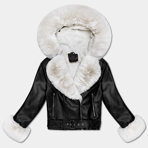 Damska ramoneska z futrzanym kapturem czarna/ecru (61M8506-392B) ze sklepu goodlookin.pl w kategorii Kurtki damskie - zdjęcie 187521539