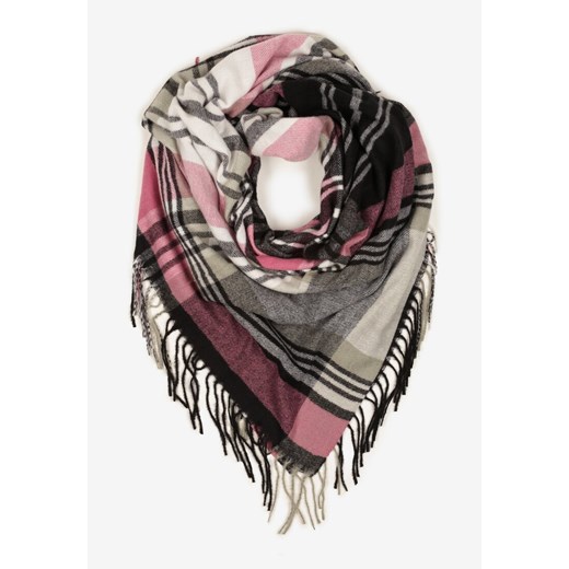 Szaro-Różowy Kraciasty Szalik z Wiskozy i Bawełny z Frędzlami Relavis ze sklepu renee.pl w kategorii Szaliki i chusty damskie - zdjęcie 187521608