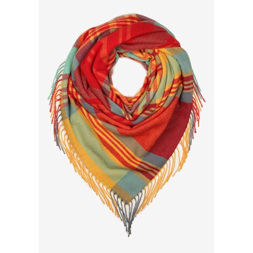 Czerwono-Żółty Szalik z Bawełny i Wiskozy Ozdobiony Klasyczną Kratą i Frędzlami Nerifla ze sklepu born2be.pl w kategorii Szaliki i chusty damskie - zdjęcie 187521636