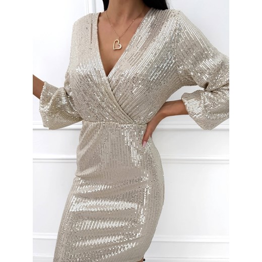 Beżowa Kopertowa Cekinowa Sukienka Modnakiecka.pl 42 ModnaKiecka.pl