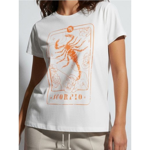 Sinsay - Bawełniana koszulka z nadrukiem - kremowy Sinsay S Sinsay