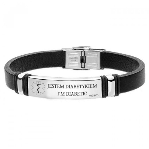 Bransoletka Czarna Skóra i Grawer Medyczny dla Diabetyka ze sklepu manoki.pl w kategorii Bransolety - zdjęcie 187531975