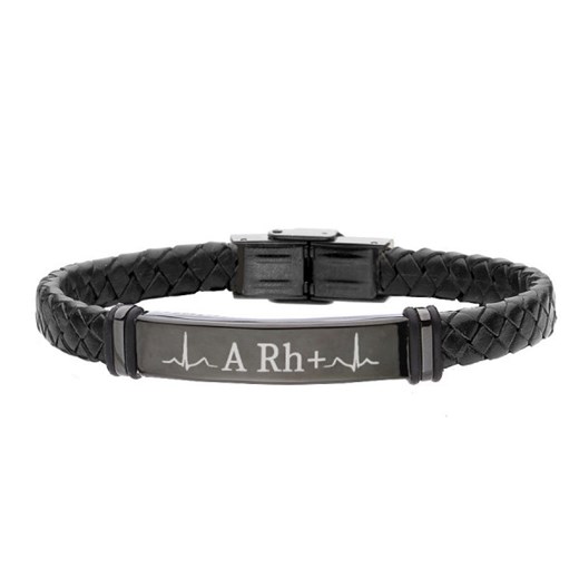 Bransoletka czarna skóra i stal z grawerem grupy krwi ze sklepu manoki.pl w kategorii Bransolety - zdjęcie 187531976