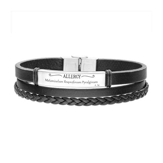 Czarna skórzana bransoletka z grawerem dla alergika ze sklepu manoki.pl w kategorii Bransolety - zdjęcie 187531977