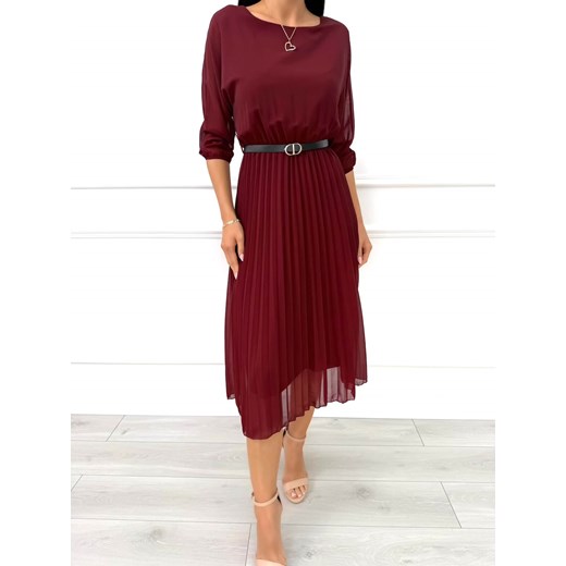 Burgundowa Plisowana Sukienka z Paskiem ze sklepu ModnaKiecka.pl w kategorii Sukienki - zdjęcie 187536106