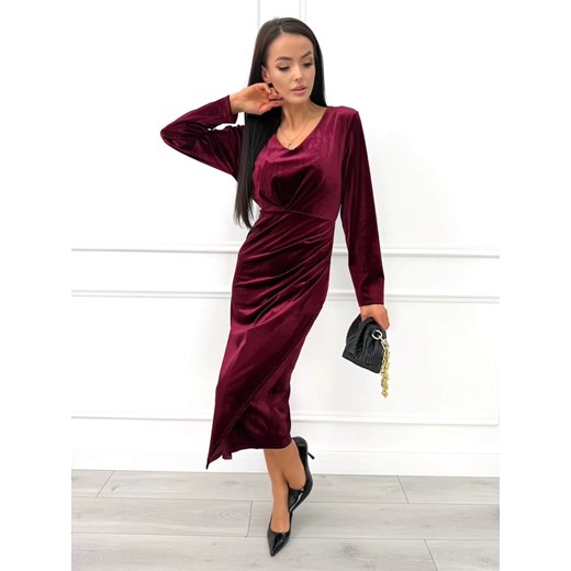 Bordowa Welurowa Sukienka z Marszczeniem Modnakiecka.pl 42 ModnaKiecka.pl