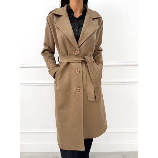 Cappuccino Zamszowy Płaszcz ze sklepu ModnaKiecka.pl w kategorii Płaszcze damskie - zdjęcie 187536189