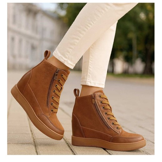 Czekoladowe trampki snekaersy na koturnie /i5-4 h2 18493 W12-3/ ze sklepu Pantofelek24.pl w kategorii Trampki damskie - zdjęcie 187537717