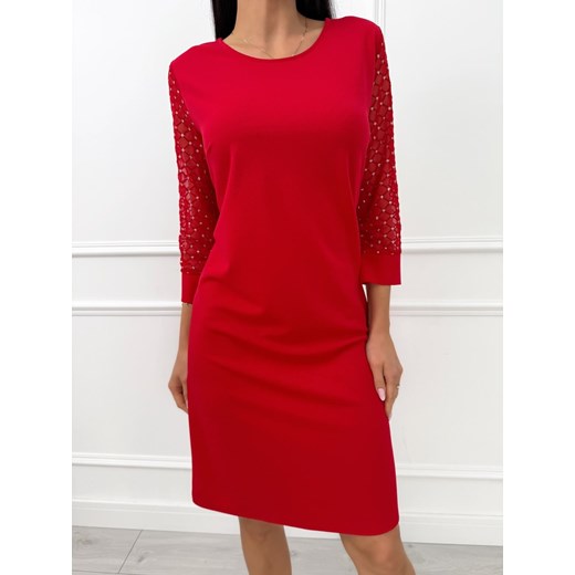 Czerwona Klasyczna Sukienka z Ozdobnym Rękawem ze sklepu ModnaKiecka.pl w kategorii Sukienki - zdjęcie 187540757