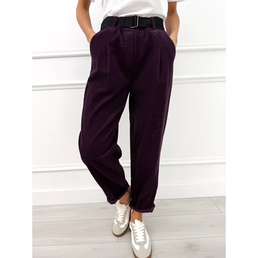 Burgundowe Sztruksowe Spodnie z Paskiem ze sklepu ModnaKiecka.pl w kategorii Spodnie damskie - zdjęcie 187540779