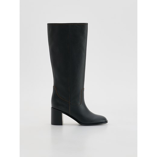 Reserved - Skórzane kozaki na obcasie - czarny ze sklepu Reserved w kategorii Kozaki damskie - zdjęcie 187541798