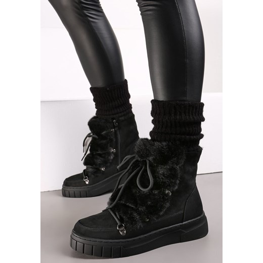 Czarne Śniegowce Ozdobione Futerkiem Przy Sznurowaniu Avionea ze sklepu born2be.pl w kategorii Śniegowce damskie - zdjęcie 187541899